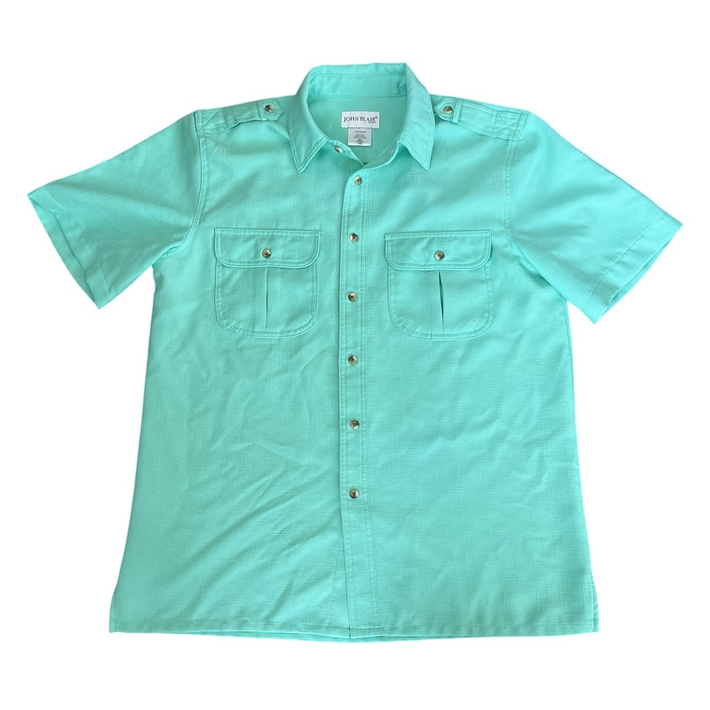 John Blair Leisure Shirt Mens M Green Polyester Safari‎ Epaulets Pockets Vintage